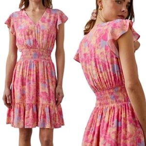 Rails Pink Multi passion Flower V-Neck Smocked waist Mini cocktail Dress small